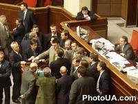 Группа народных депутатов Украины возле трибуны президиума Верховного Совета Украины в зале сессионных заседаний во время рассмотрения вопроса об ответветственности правительства В. Ющенко